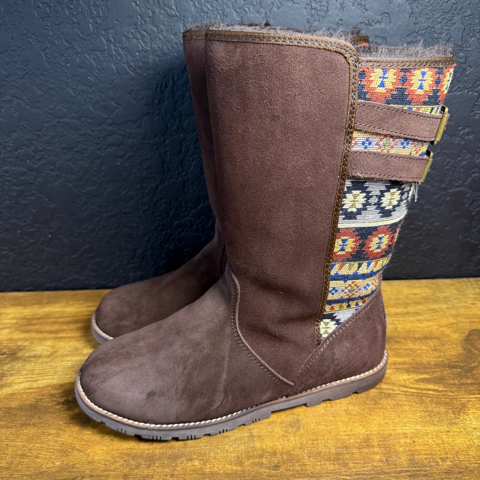 Lamo Tribal Pattern Suede Textile Mid-Calf Boot Womens Size 10 Brown