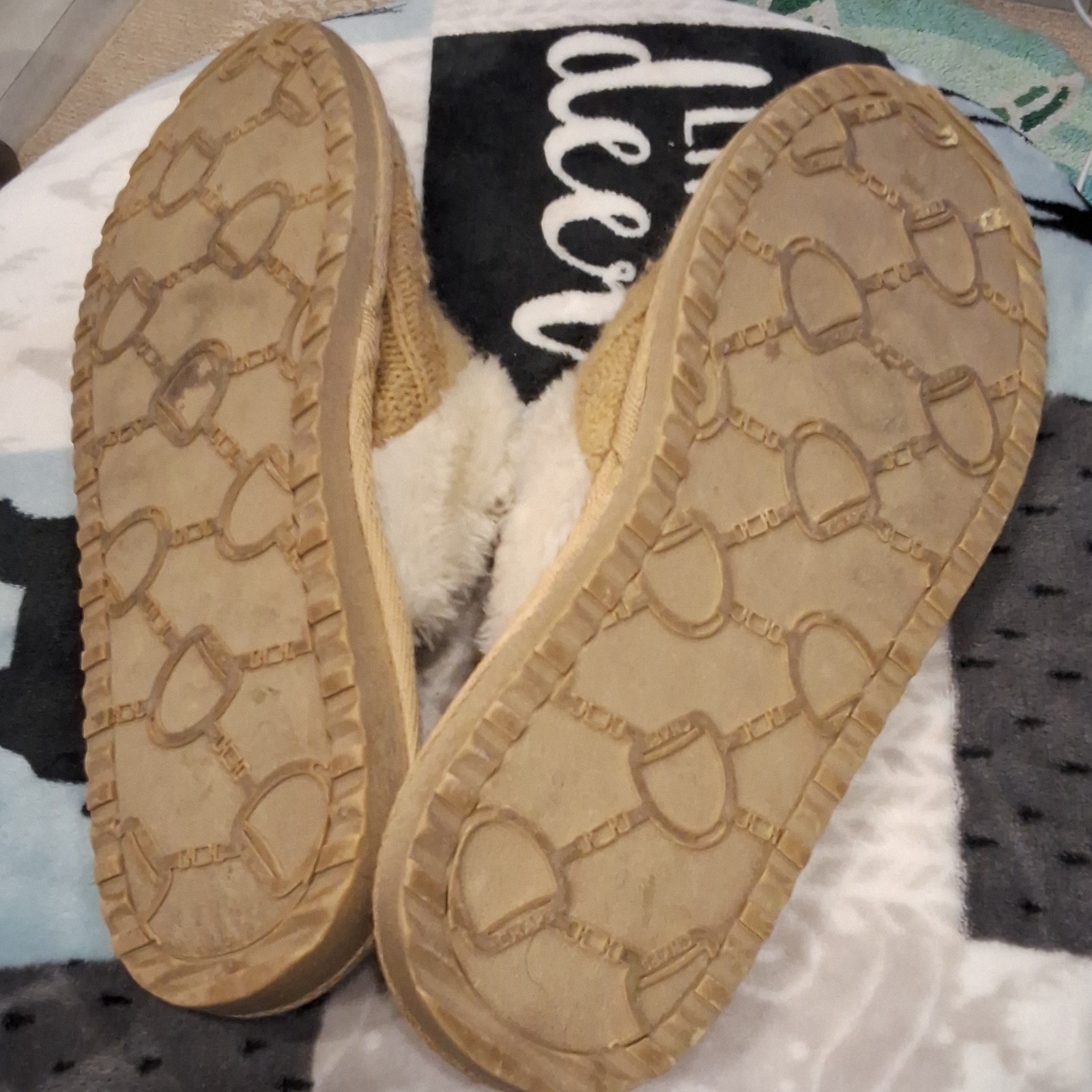 Chaps Women’s Cable Knit Mule Slippers Faux Fur Lined Beige/Ivory US 10 Rubber