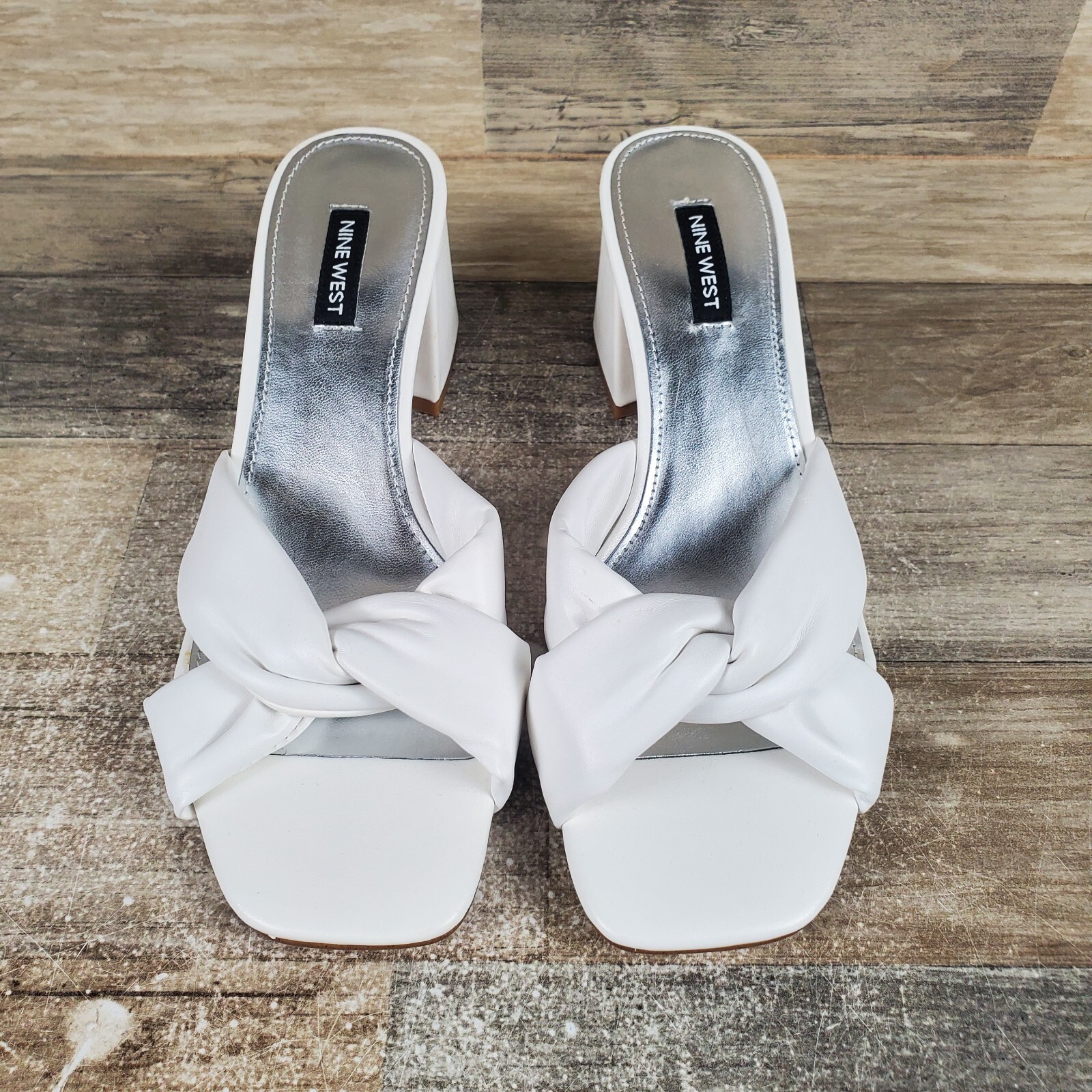 Nine West Gather 3 Womens Sandals Sz 9 M White Leather Square Toe Block Heel