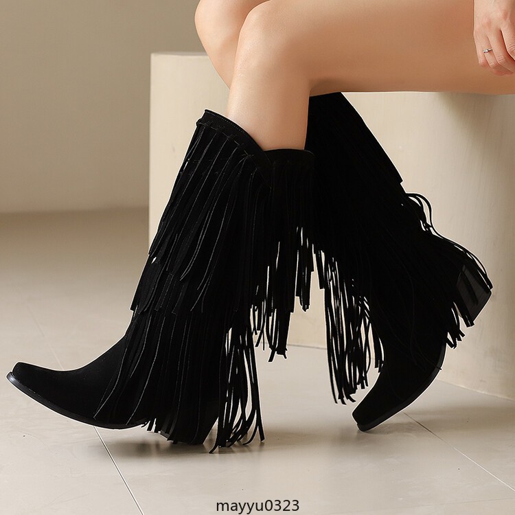 Womens Tassel Fringe Mid Calf Boots Mid Block Heel Western Cowgirl Shoes Hot