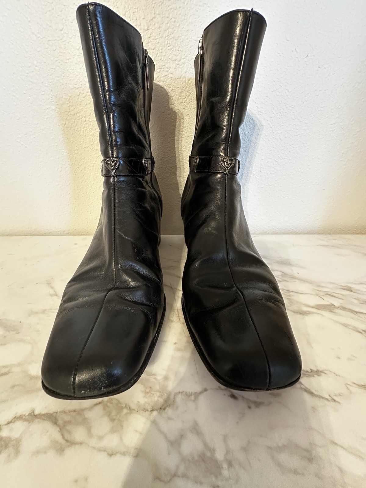 Brighton Gypsy Black Leather/Silver Mid-Calf Boots Italy Sz 9.5M Booties BoHo