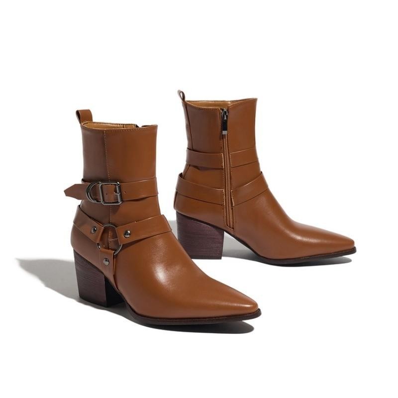 Women’s Faux Leather Zip Pointed Toe Ankle Boots Casual Party Block Heels Shoes
