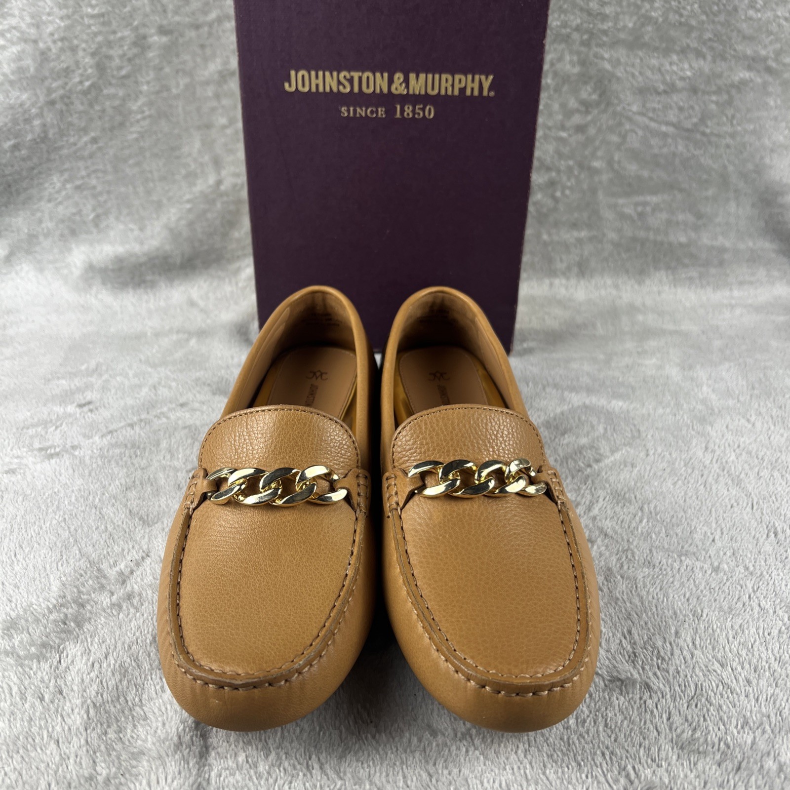 Johnston & Murphy Women’s Maggie Chain Moc Tan Calfskin Leather Loafers Sz 9M