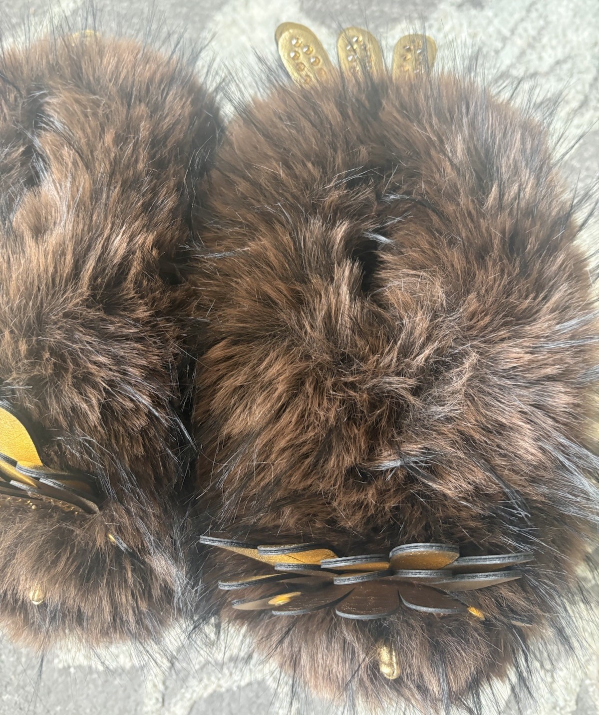 Kurt Geiger London-Eagle Fluff Faux Fur Bedazzled Brown/Gold Slippers, 8/9 New