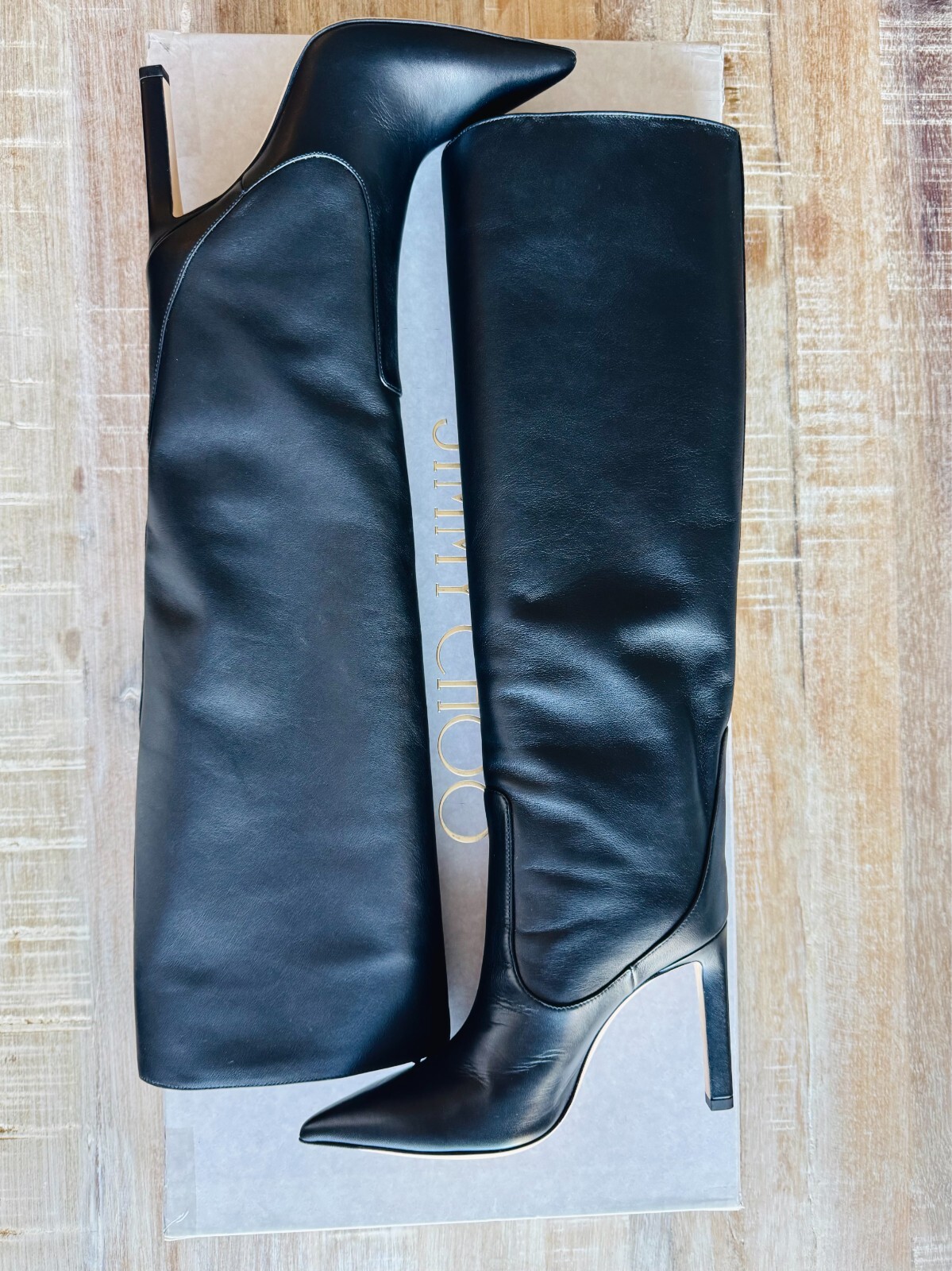 JIMMY CHOO-Mavis 100 Black Smooth Leather Knee-High Boots Size 36 – New with Box