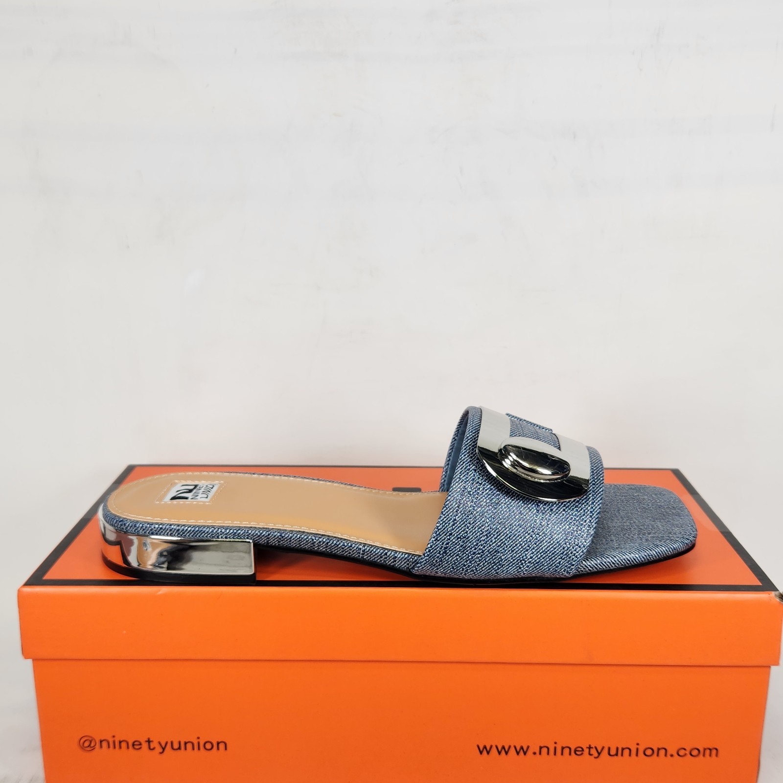 9 WOM – Ninety Union Bali – Blue Denim / Silver Buckle Strap Low Heel Slide
