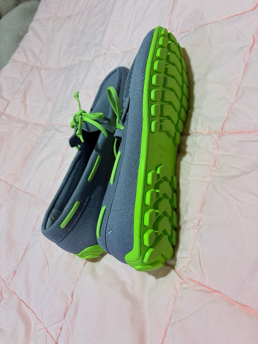 VIVAIA Knit Moccasin Loafers in Gray and Neon Green