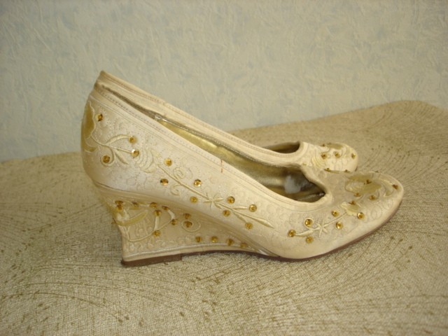 BARISEL Women’s Beige Textile Wedge Shoes with Gold Sequins Sz 8,5/UK 6,5/EUR 40