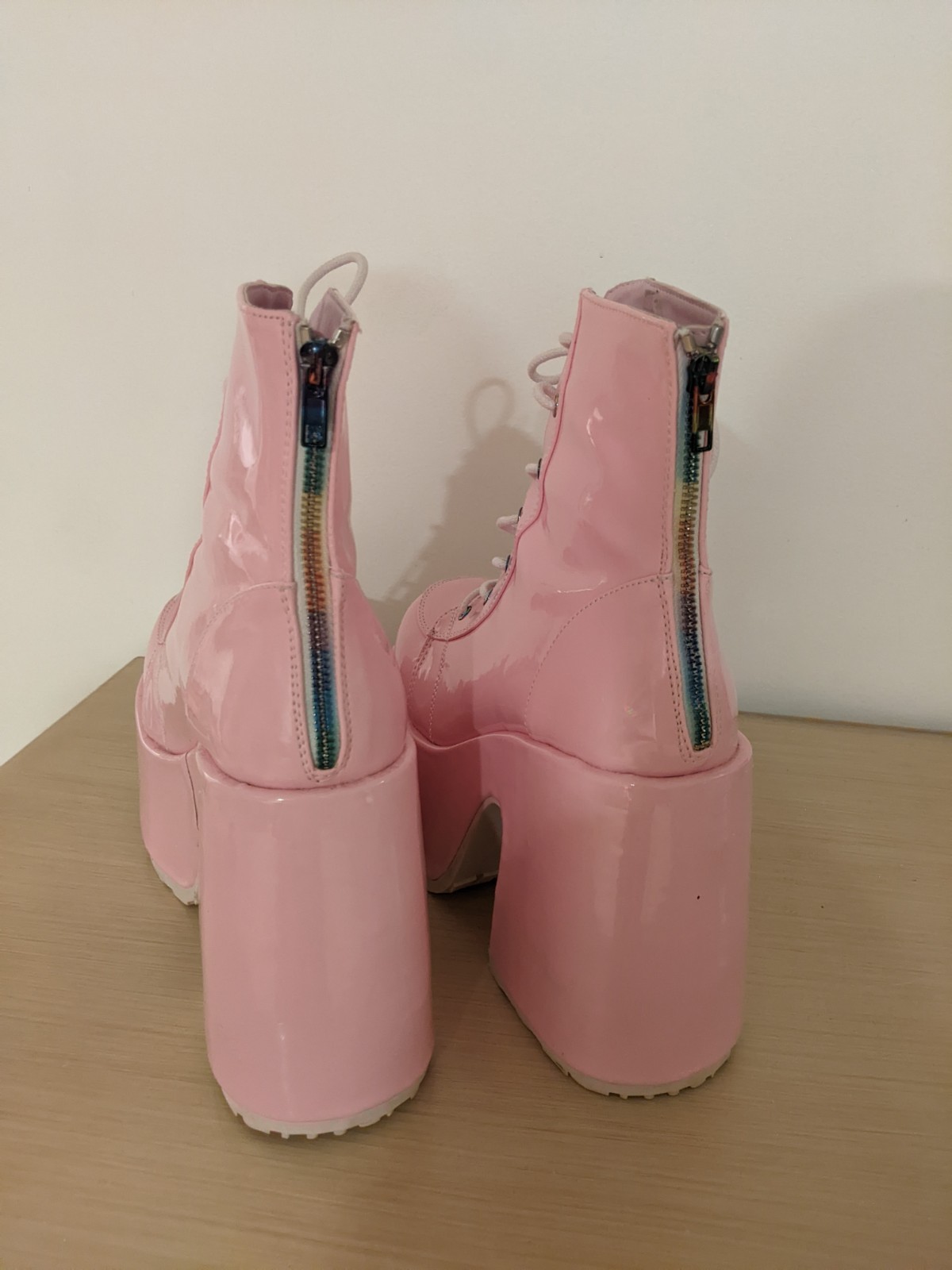 Women’s Pink Patent Platform Ankle Boots Round Toe Lace Up Back Zip 10