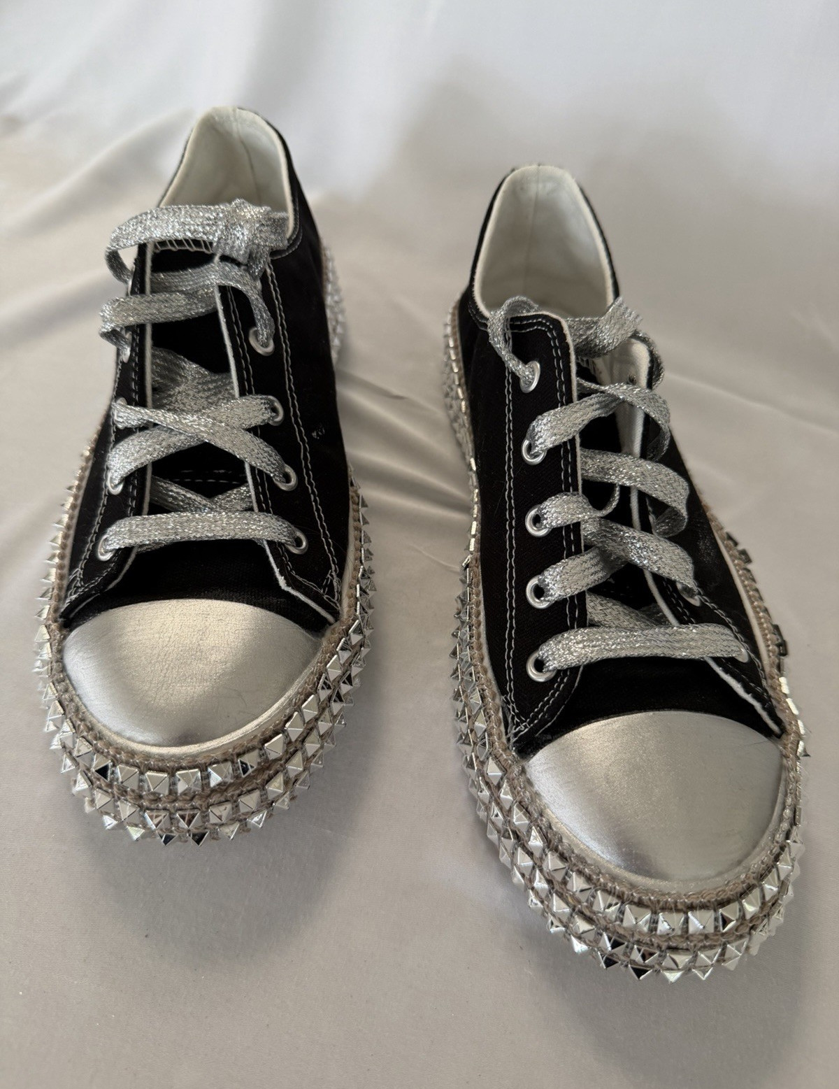 Black & Silver Low Top Lace-Up Sneaker Studded Rubber Sole Solid Athletic, Women