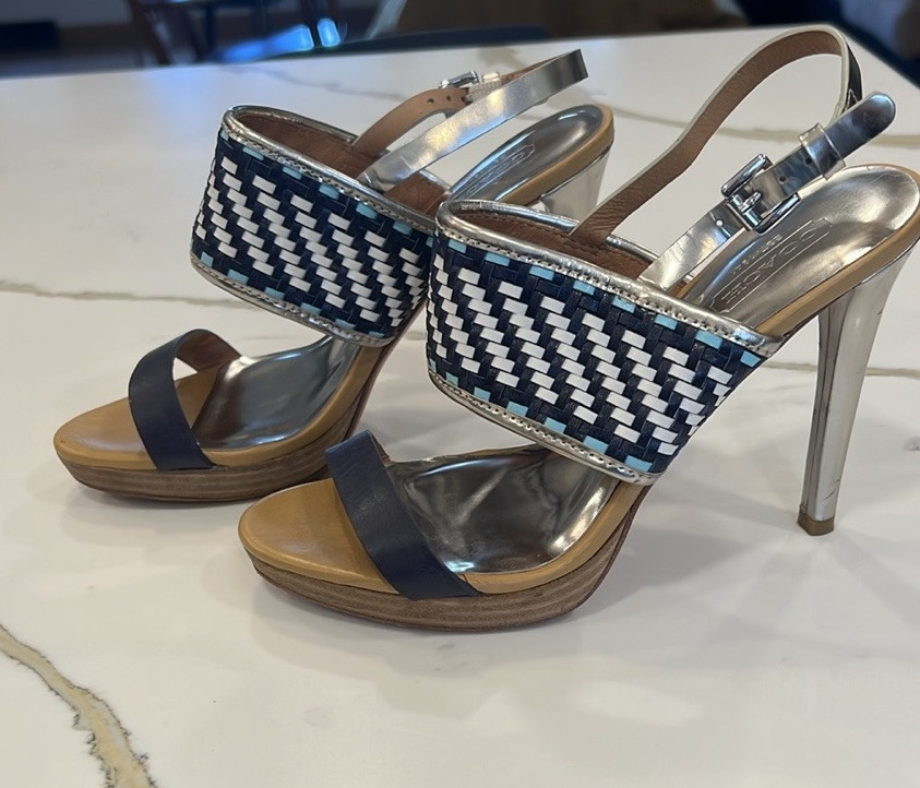 Coach Steffi Blue Tan And Silver Woven Sandals