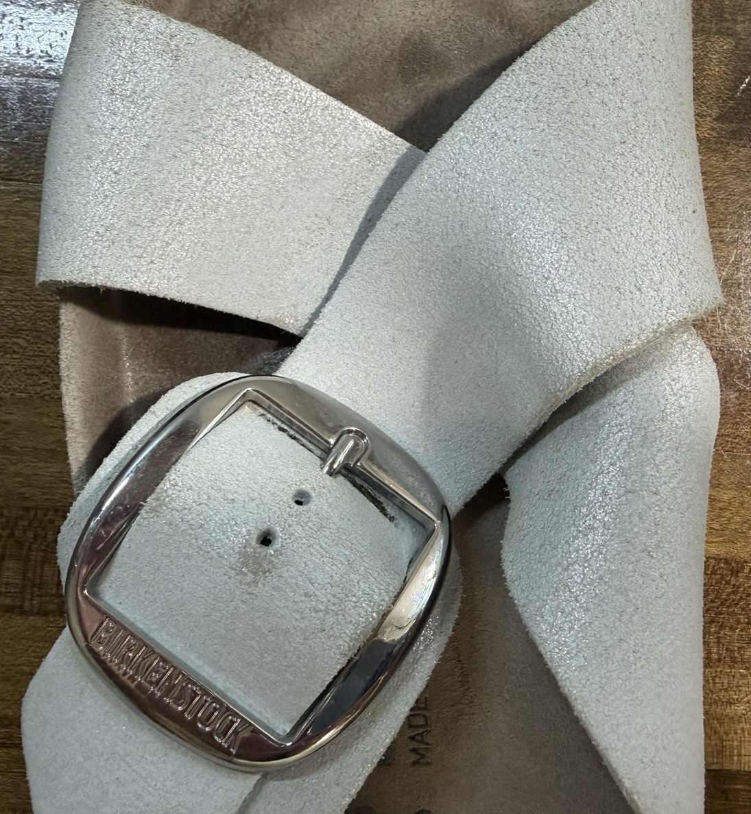 Birkenstock Siena Big Buckle Cross Strap Sandal Whitewash Metallic SZ42/US11W