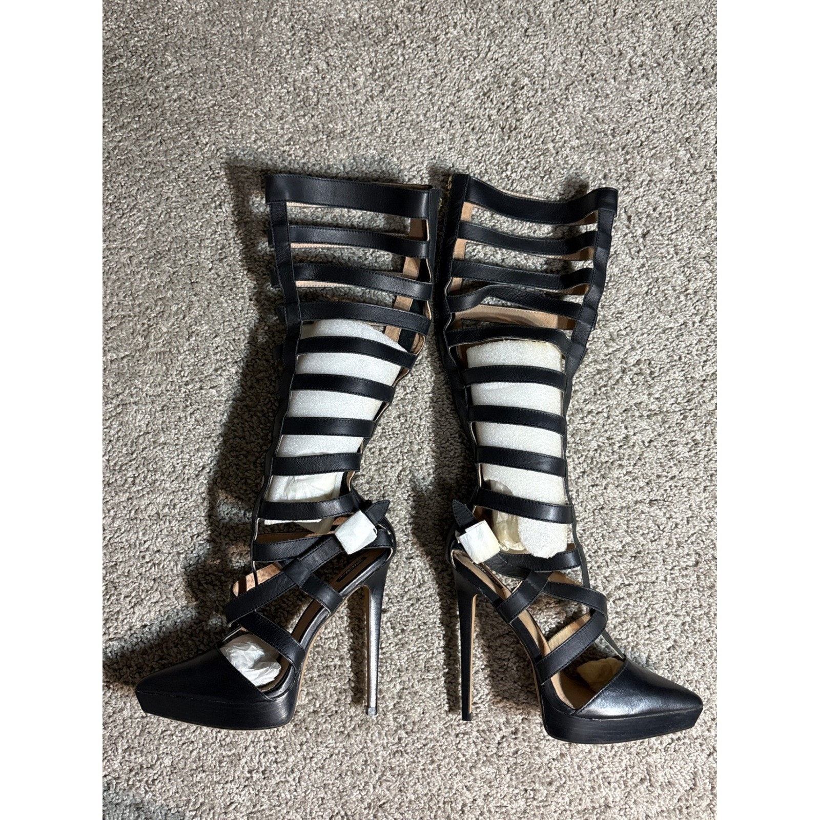 Zigi Soho Proxy Black Leather Gladiator Tall Cage Stiletto Platform Boots 6.5