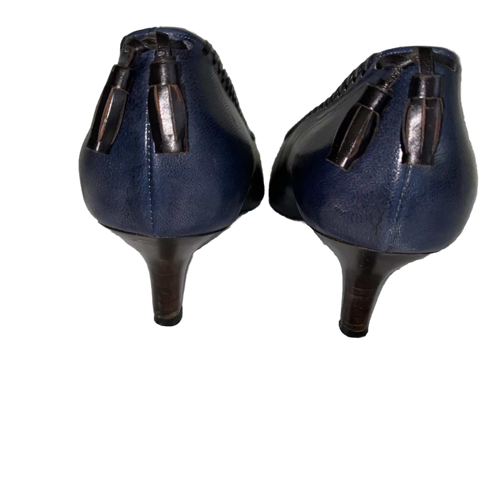 P. VERDI Women’s Shoes Paris Navy Leather 39 or 8.5 Lacing Tassels Low 2” Heels