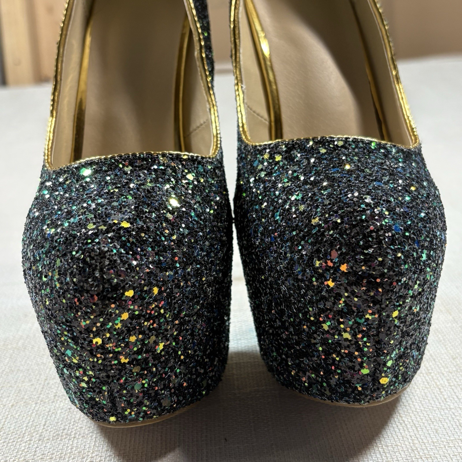 Black Glitter Platform Stiletto Heels Size 40 Gold High Heel Party Pumps