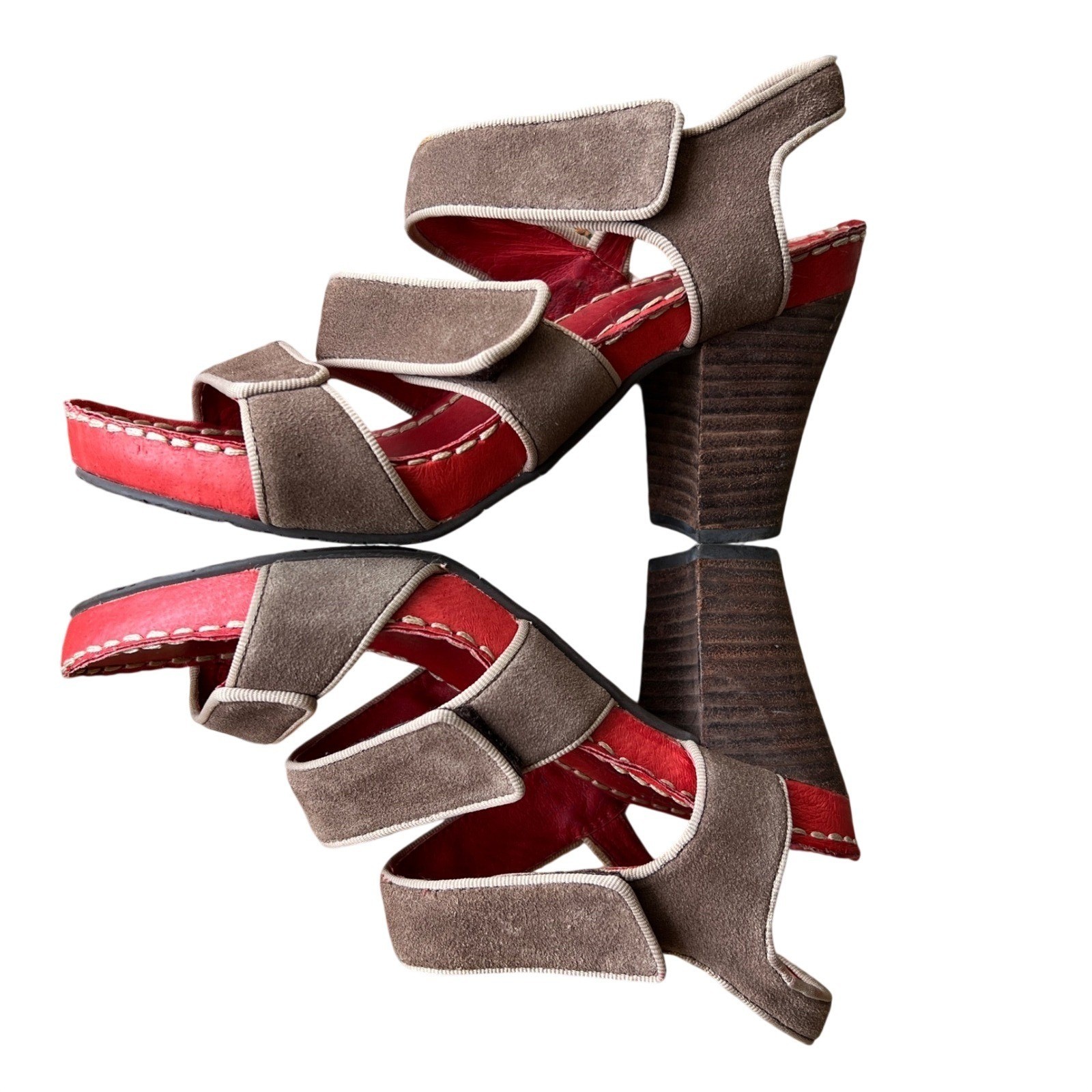 Esska Women Taupe Suede Red Leather Block Heel Sandals Size 38 Hook Loop Straps