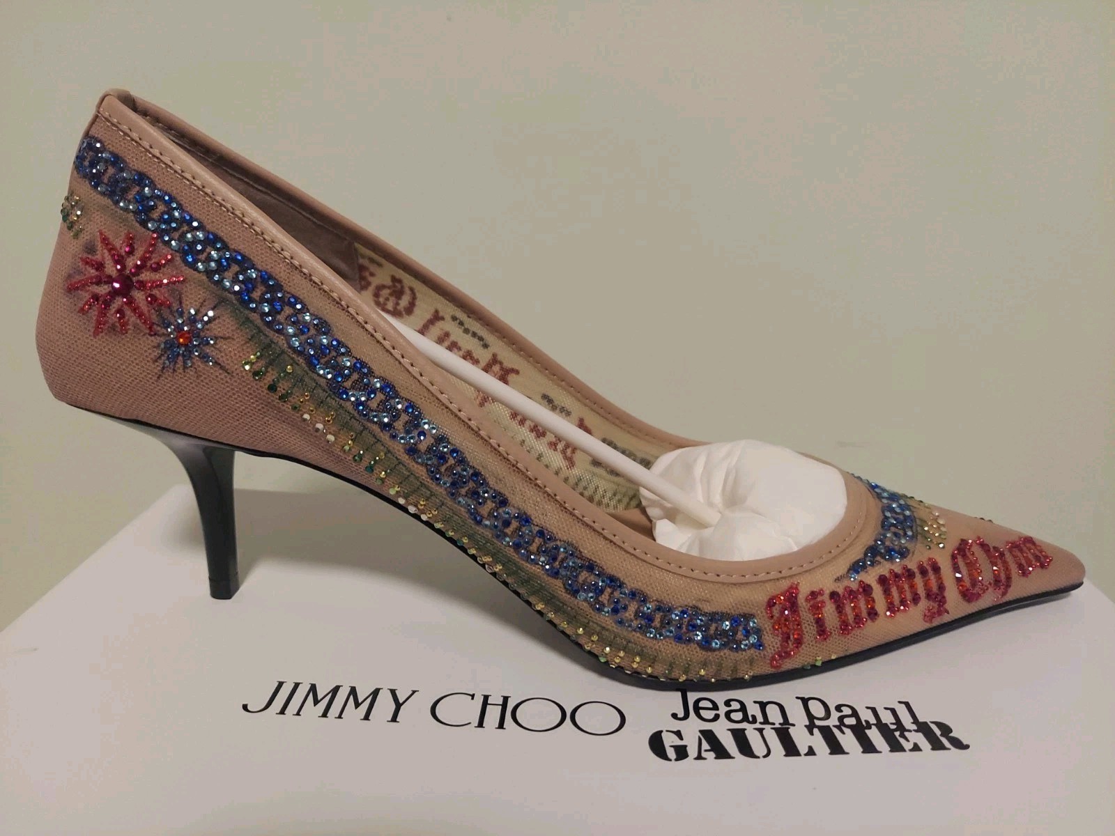 JIMMY CHOO Jean Paul GAULTIER Sexy LOGO CRYSTAL PUMPS 40 LOVE SHOES 40 MM
