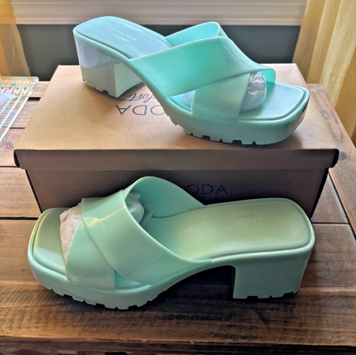 Top Moda Comfort Mint Color Tiana Chunky Heel Sandals Slides Women’s Size 9 NEW