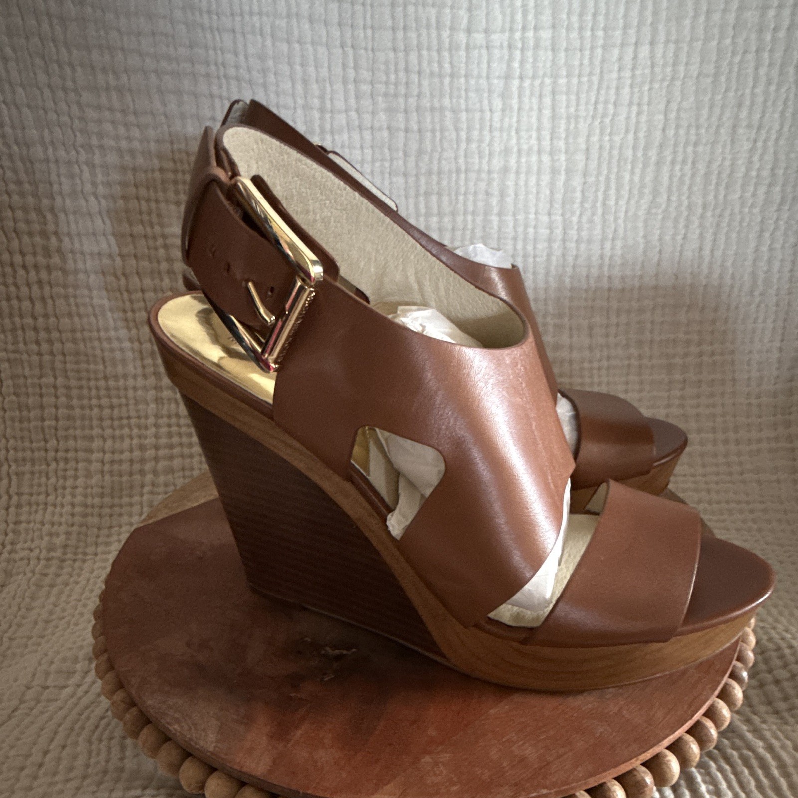 Michael Kors Brown Leather Platform Wedge Sandals Buckle Strap US 9.5