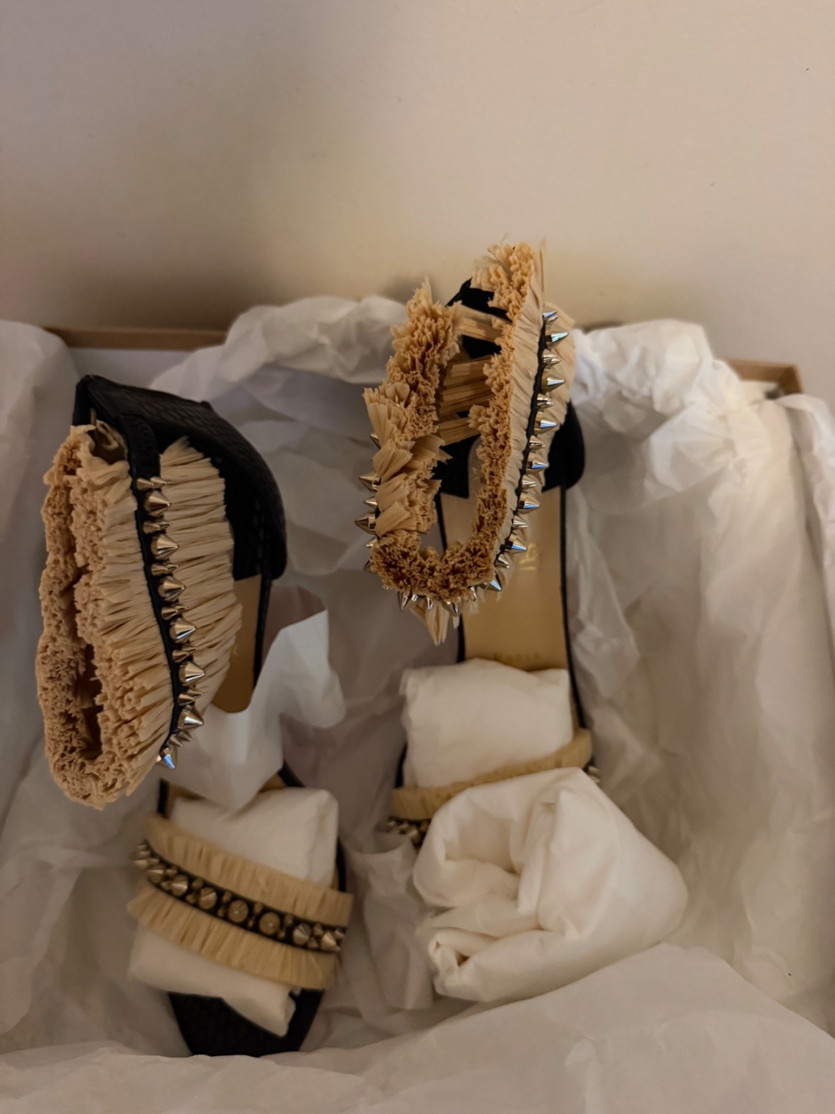 Christian Louboutin Poupedou Raffia Leather Studded Sandals 100 EU 36.5 US 6.5