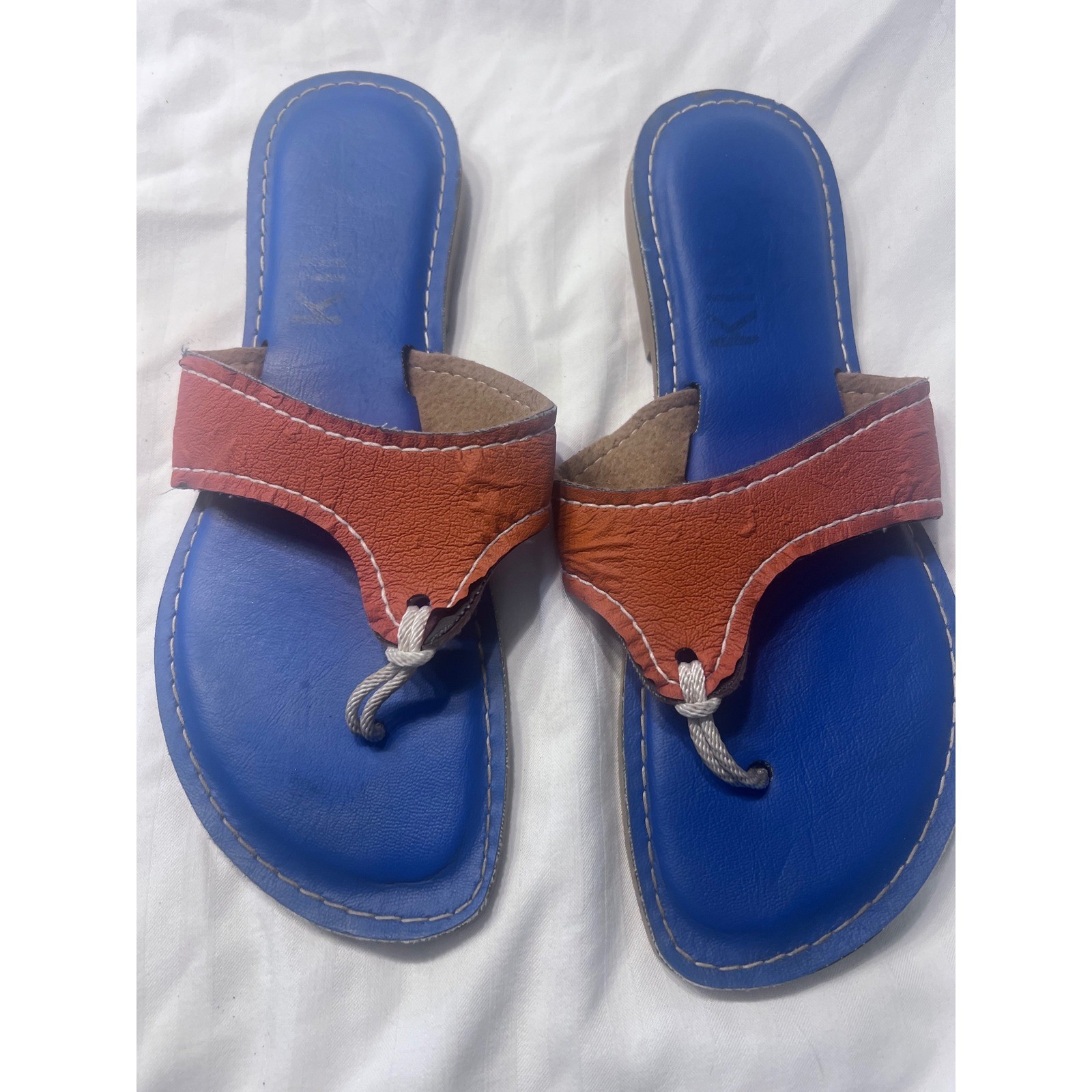 Kino Sandals Key West Womens Leather Thong Slides Blue Orange Handmade Summer
