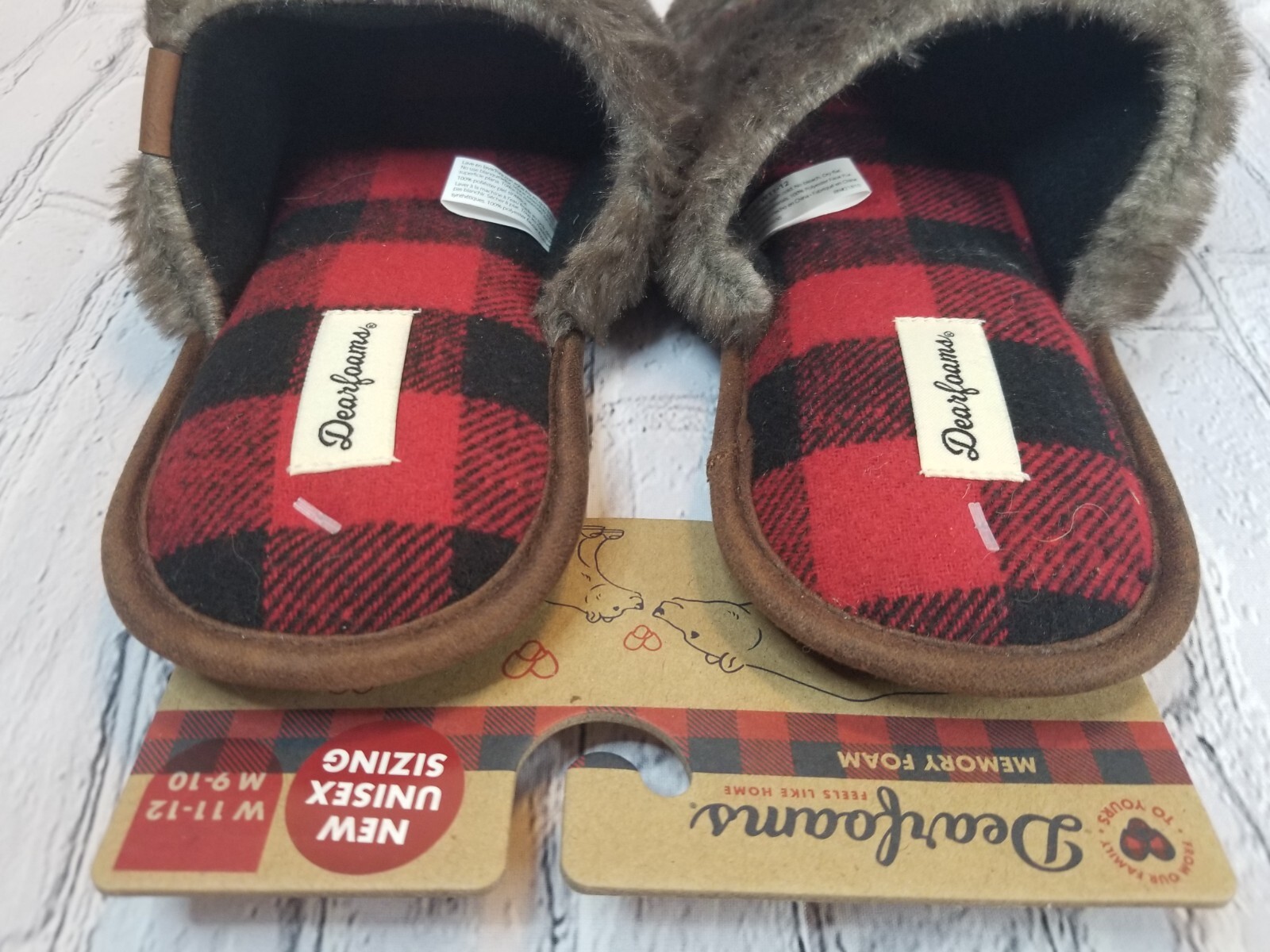 Dearfoams Grand Bear Slippers Unisex Faux Fur Red Blk Buffalo Check W11-12 M9-10