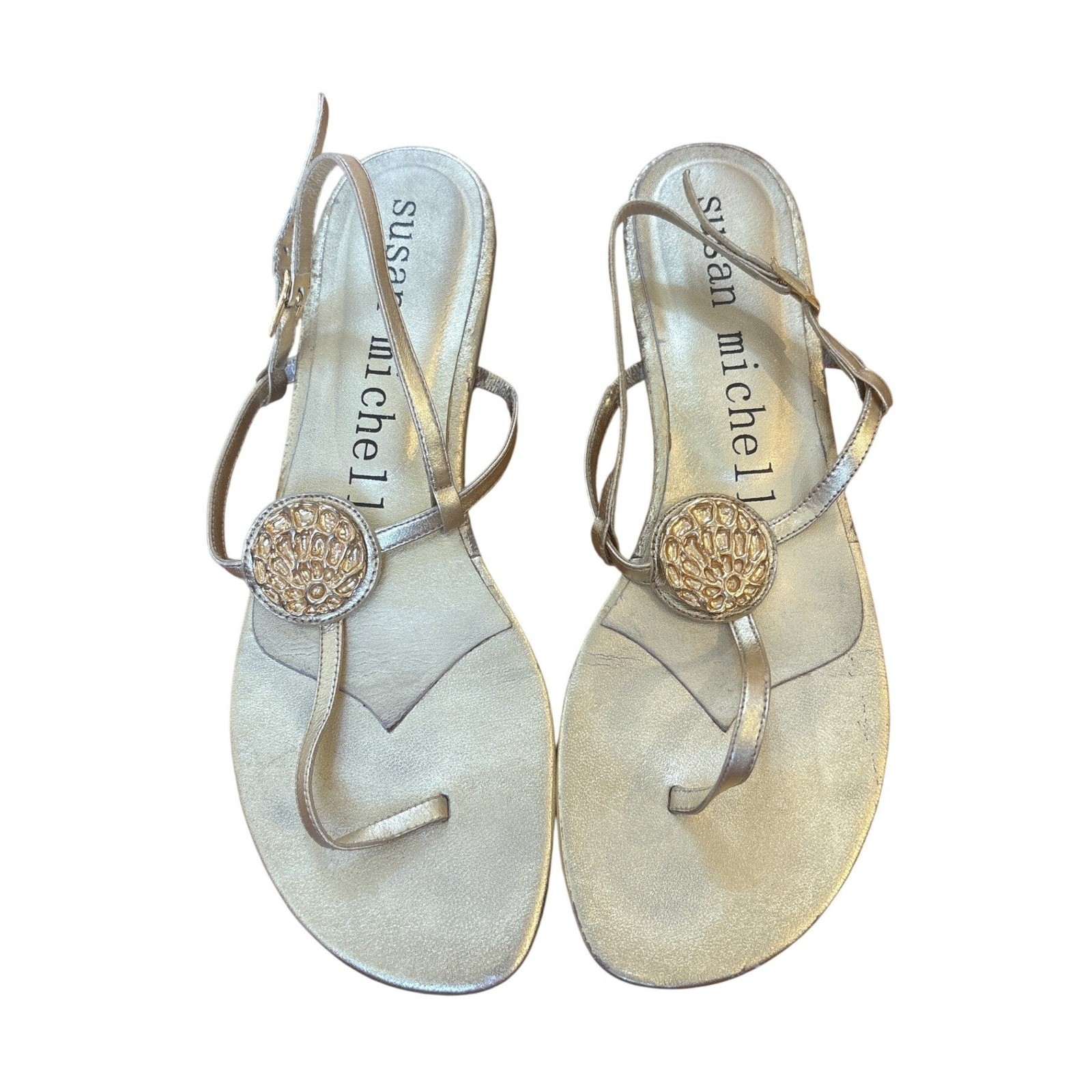 Susan Michelle Sandals Women Gold Metallic Leather Medallion Slingback SIZE 8B