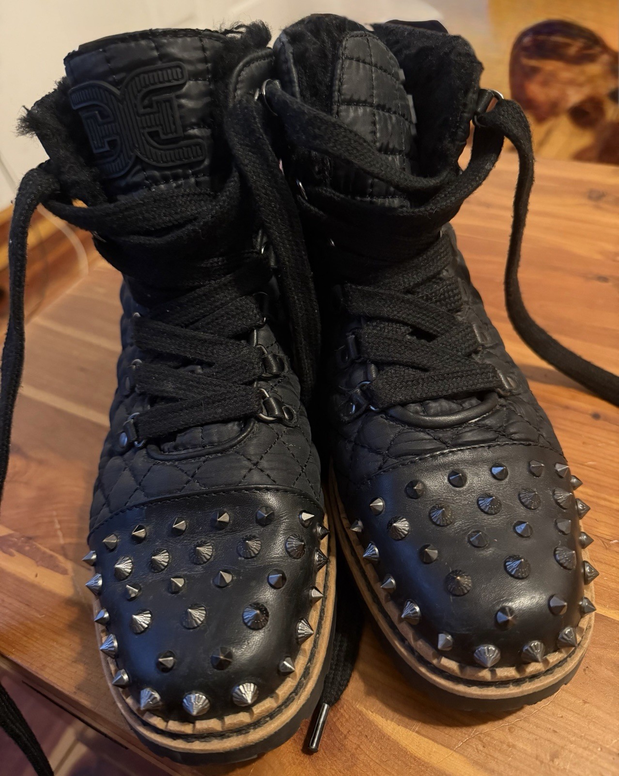 Sam Edelman Bren Black Quilted Spiked Lug Sole Combat Boots Size 8 Womens Med