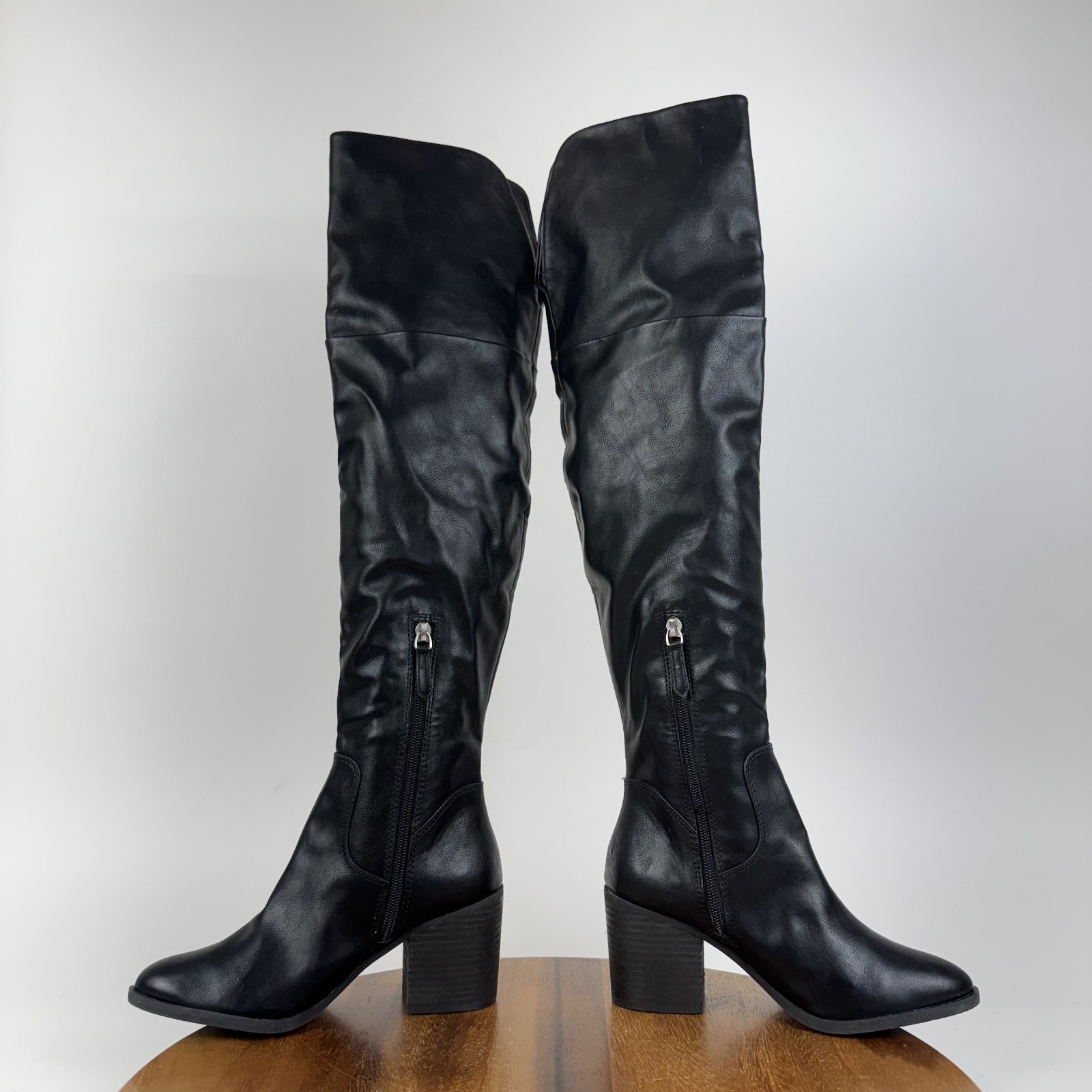 New Womens BP Luke Black Faux Leather Over The Knee Heeled Boots Size 5.5 M NWOB