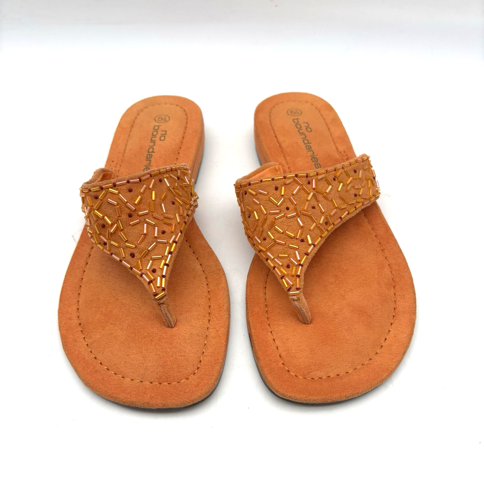 Vintage 90s Y2K No Boundaries ‘JOY’ Orange Suede Leather Beaded Flip Flops 5.5M
