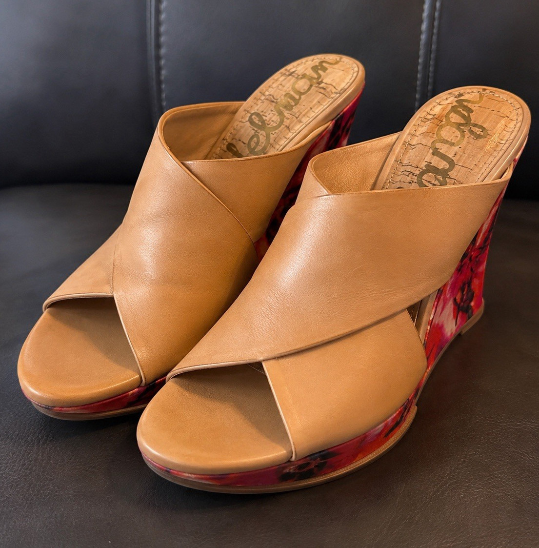 Sam Edelman Tan Leather Criss Cross Wedge Mule Sandals Floral Heel