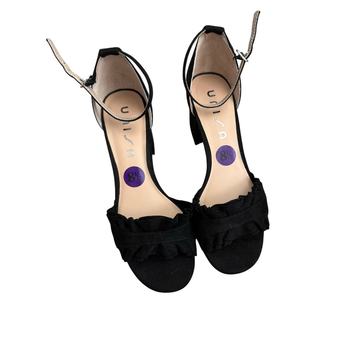Unisa Black Ruffle Block Heel Sandals Size 8.5