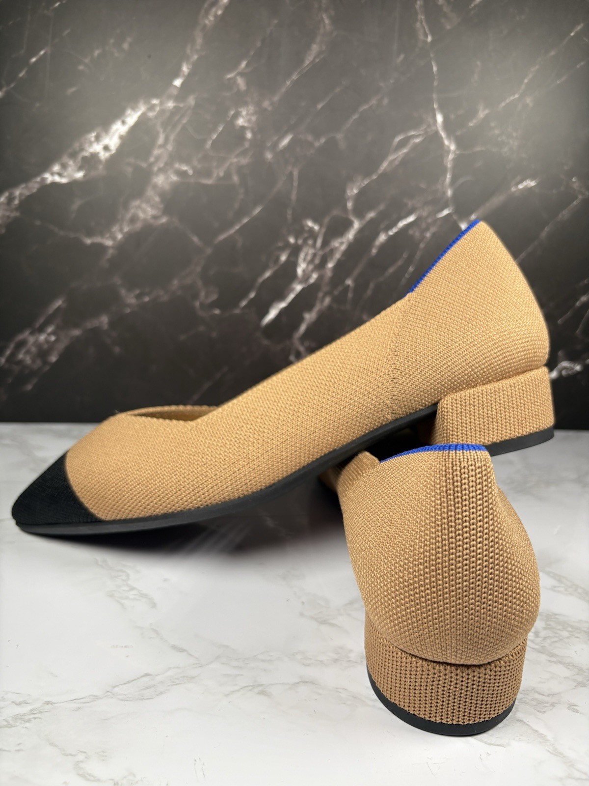 Rothy’s Knit The Point Cap Toe Pointed Slip-On Ballet Flats Beige/Black/Blue 6.5