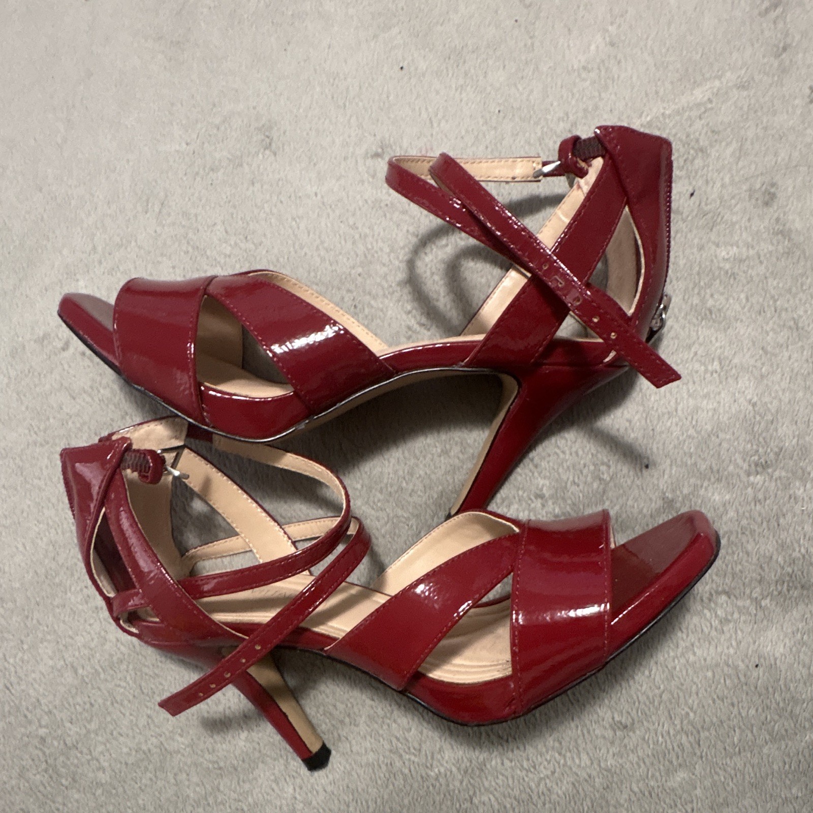 Adrienne Vittadini Women’s Red Patent Strappy Open Toe Ankle Strap Heels 6