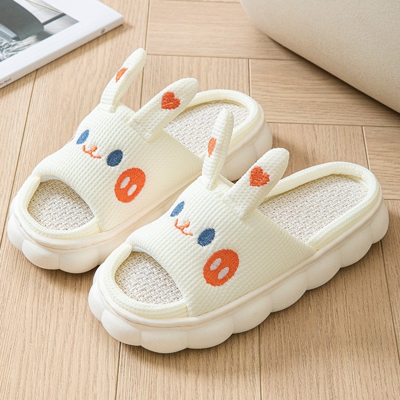 Cartoon Bear Rabbit Couple Slippers Open Toe Cotton Linen House Shoes