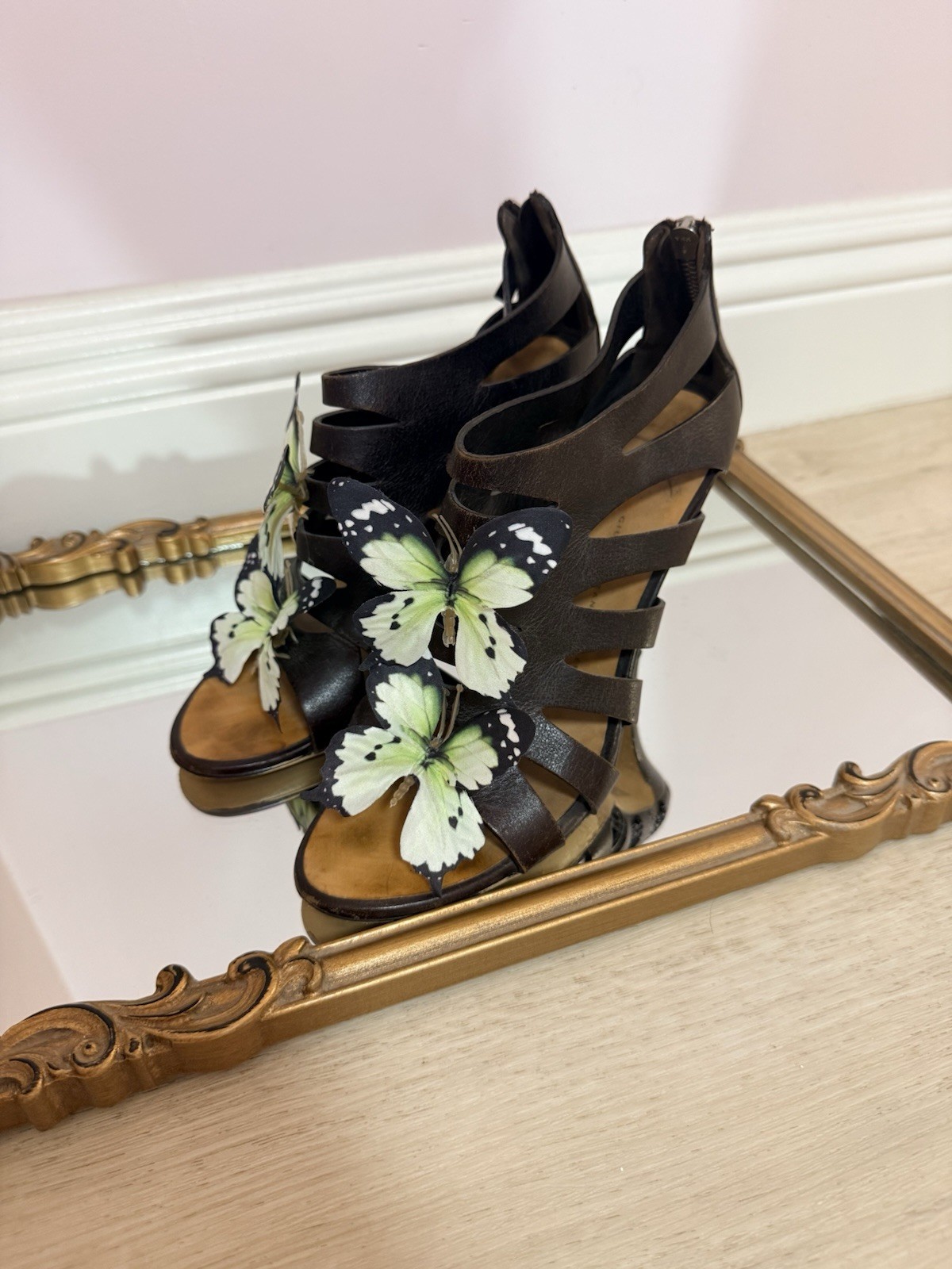 Giuseppe Zanotti Upcycled Butterfly Gladiator Sandals Brown Leather Heels 39.5