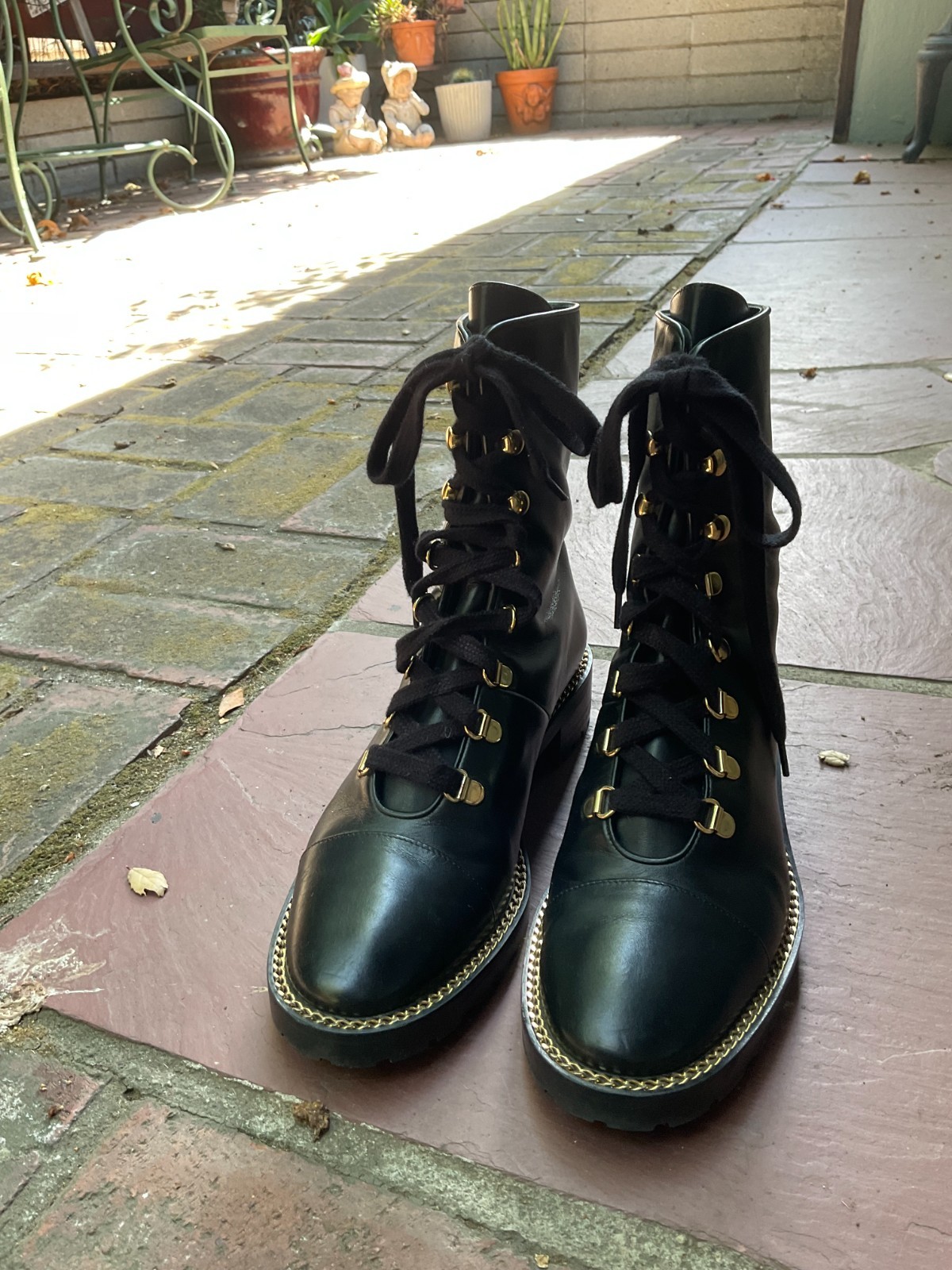 Stuart Weitzman Kolbie Black Leather Chain Combat Boots Gold Hardware Sz 7B 37.5