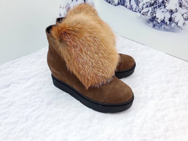 Real fox brown suede demi ankle platform boots for women