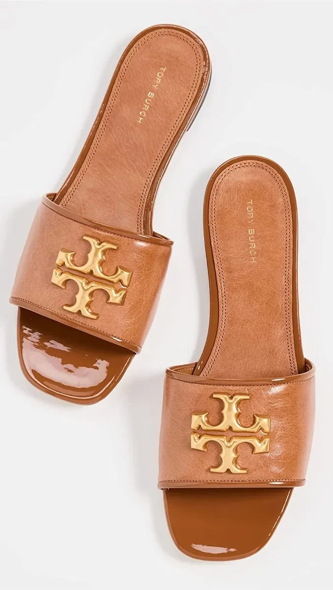 NIB Tory Burch Eleanor Leather Slides Bourbon Brown Tan US 8 8.5 9 AUTHENTC