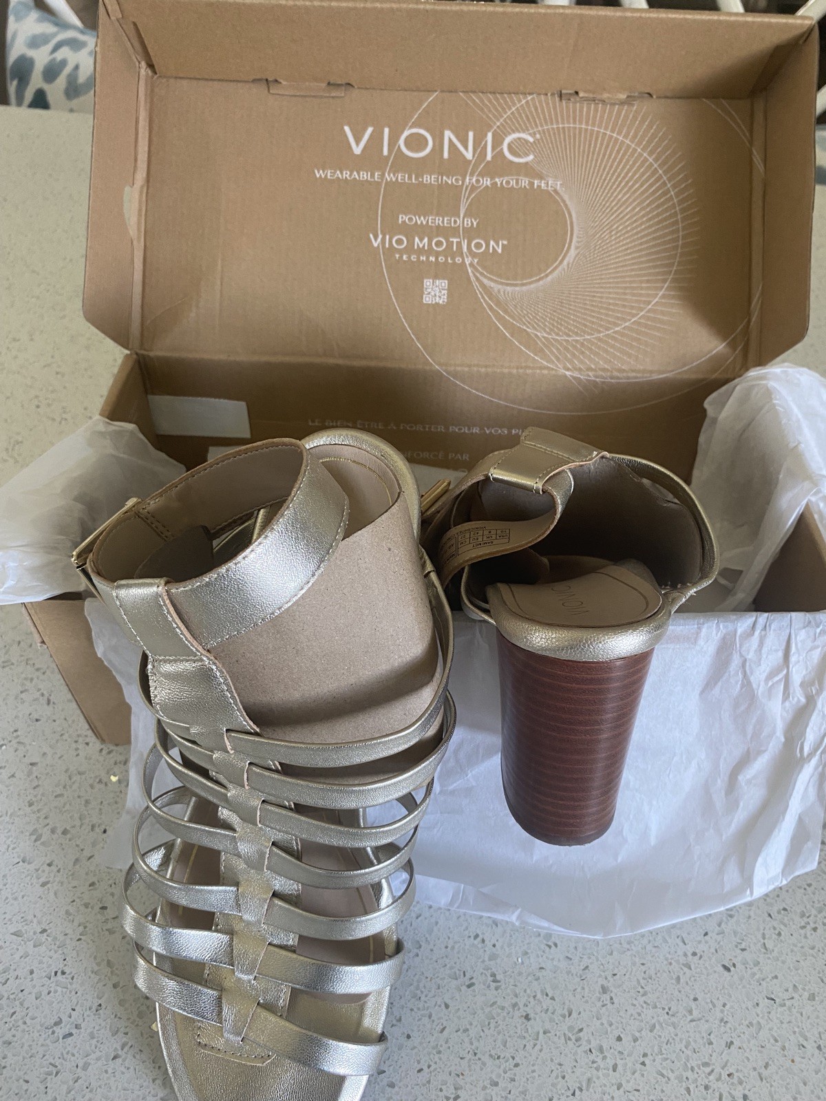 Vionic Sami Metallic Sexy Strappy Sandals Block Heels Gold Champagne Size 10