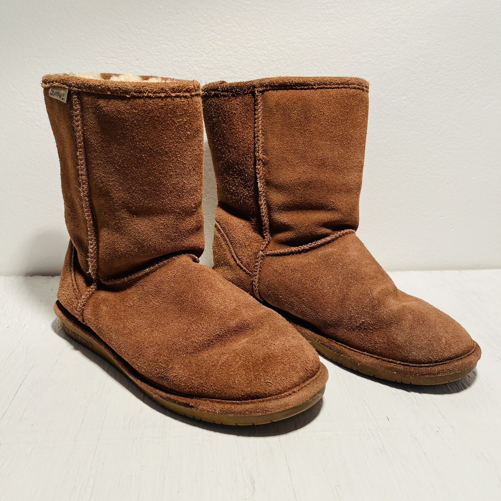 BEARPAW Womens Size 9 BROWN SUEDE FUR LINED 608W EMMA SHORT Pull On Flat BOOTS