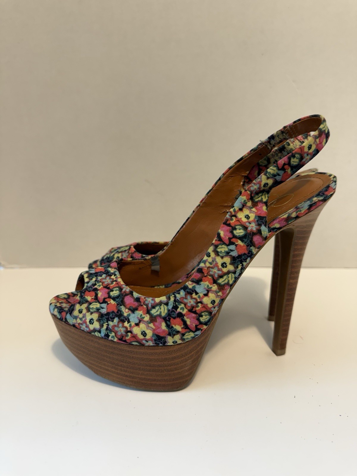 Jessica Simpson floral peep toe slingback wood heel pump ladies 6