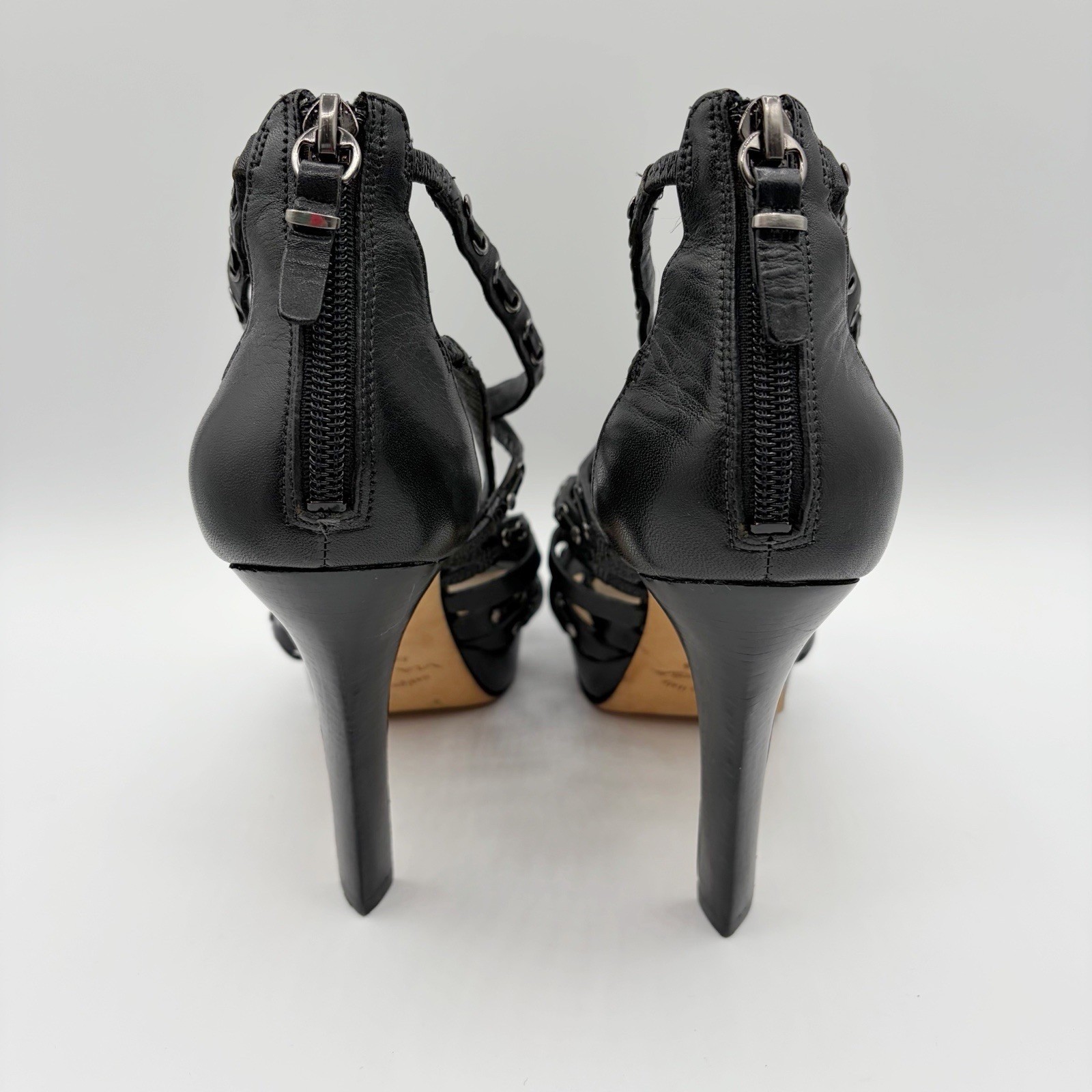 Via Spiga Heels Black Strappy Platform Caged Leather Italy Women’s Shoe Size 7.5