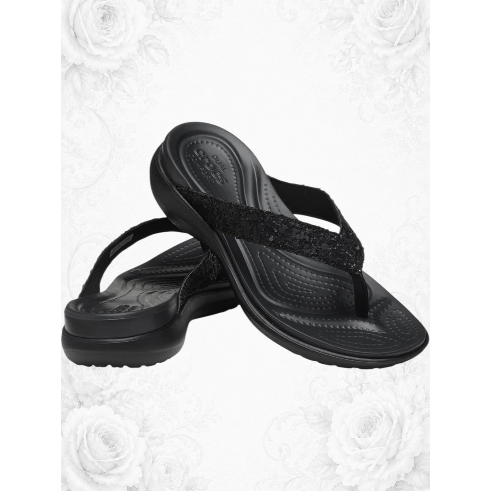 Crocs Capri V Black Sequin Comfort Flip Flops Women’s 10W 8M NWT
