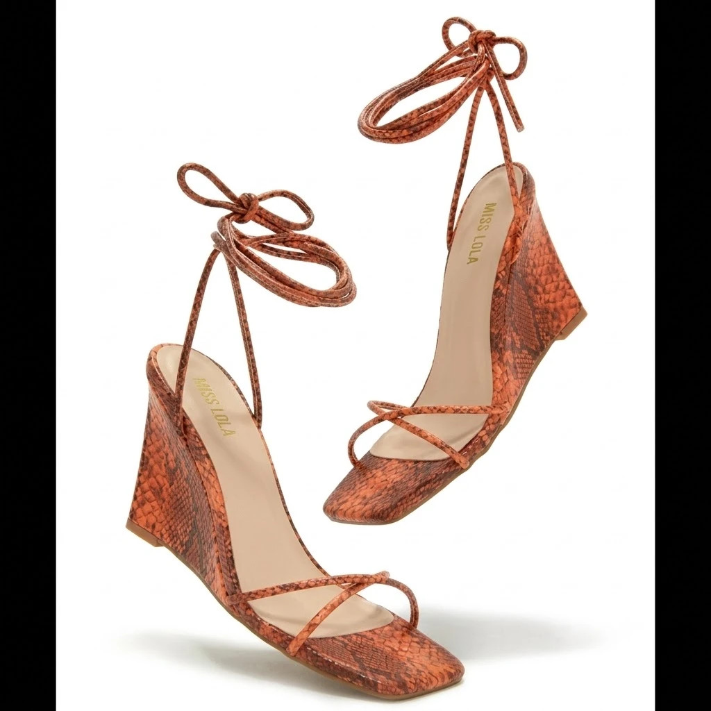 Orange Wedge Lace-Up Sandals, Size 8.5
