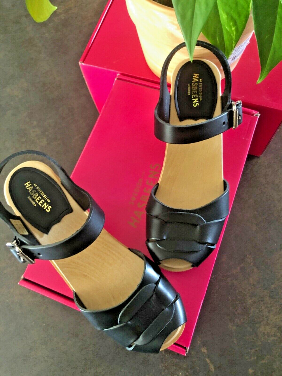 Swedish Hasbeens PEEP TOE HIGH Wood Clog Sandals BLACK Size 36 US 6.5? NEW