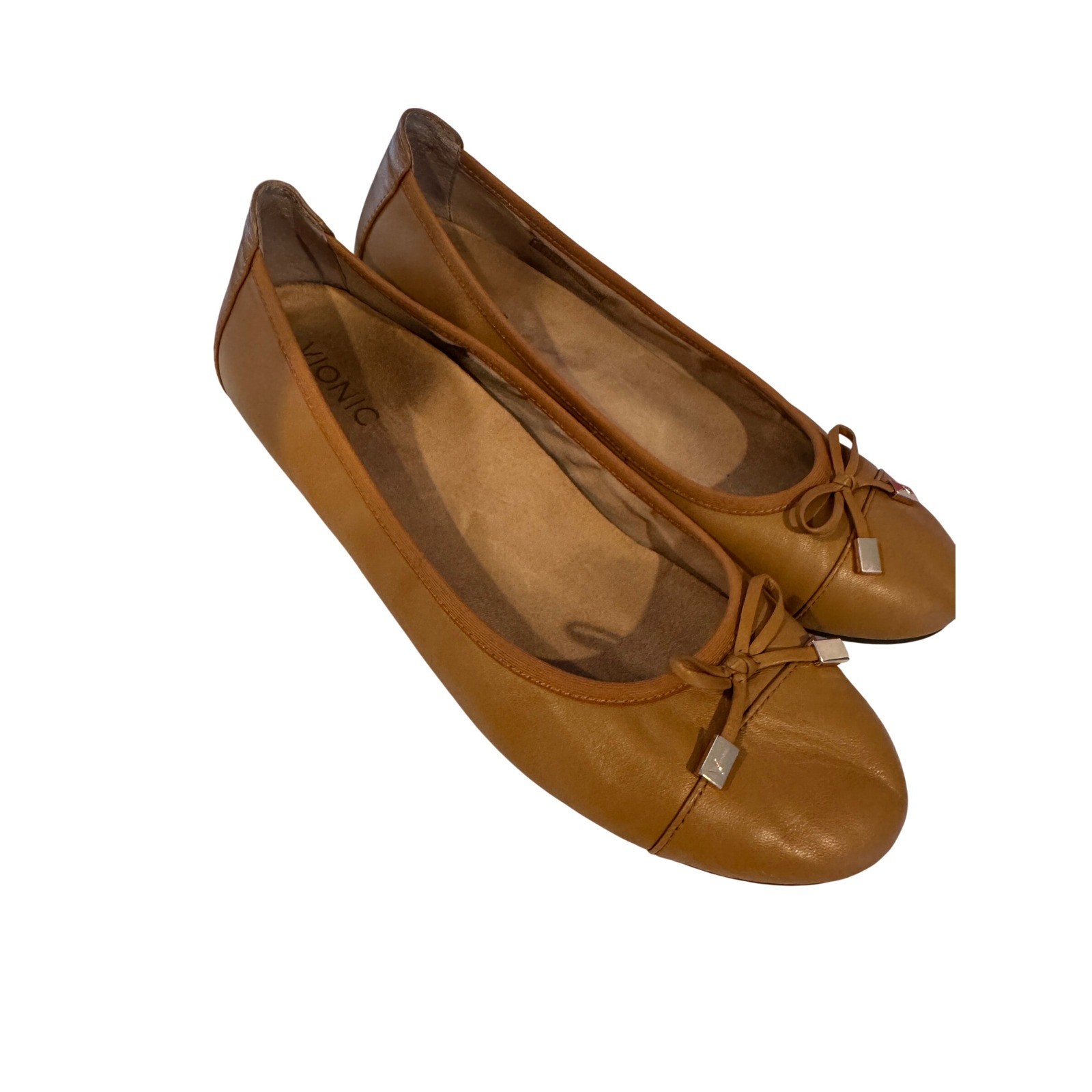 Vionic Minna Tan Leather Flats Orthotic Support Bow Detail Gold Hardware 10