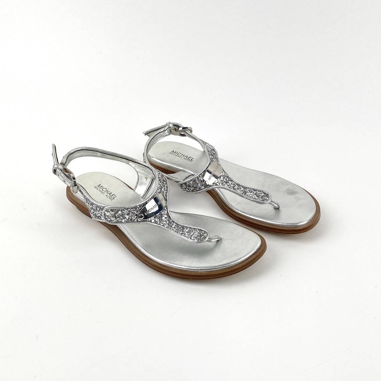 Michael Kors MK Plate Silver Glitter Thong Ankle Strap Sandals Women’s Size 6.5M
