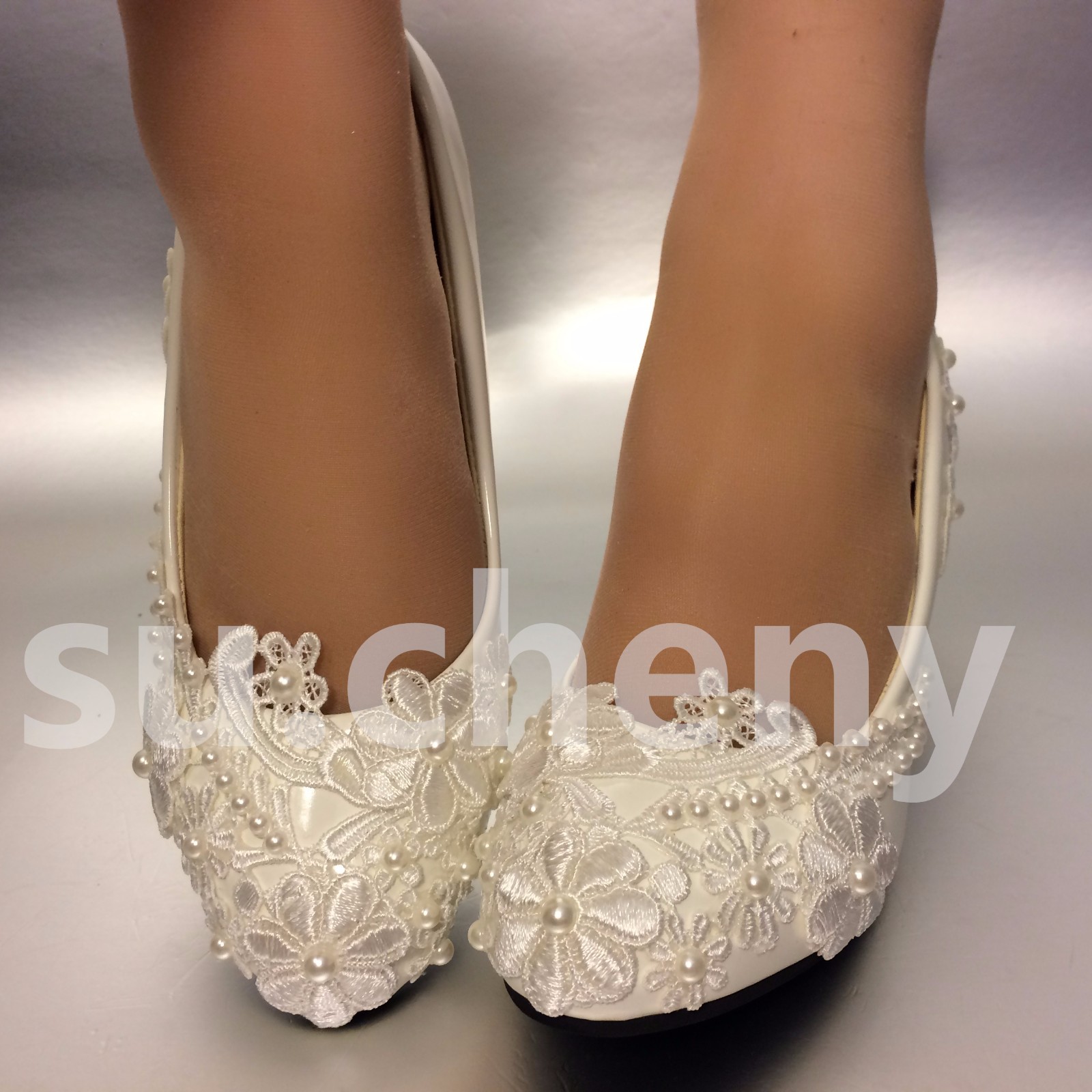 su.cheny Lace white ivory pearls flats low high heel pumps Wedding Bridal shoes