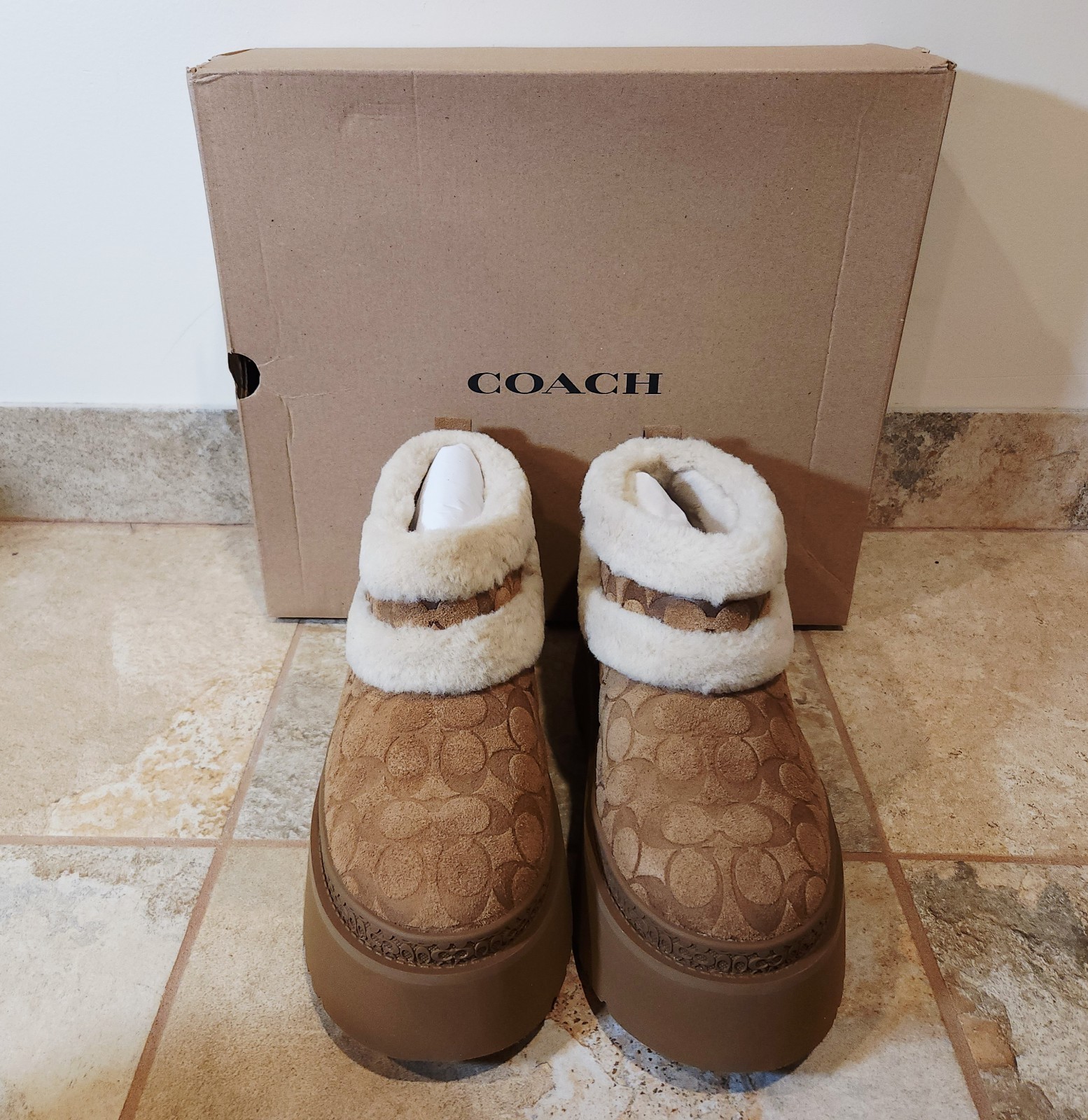 Coach Christina Signature Shearling Womens Booties Tobacco 2.5″ Lug 10 B NIB NEW